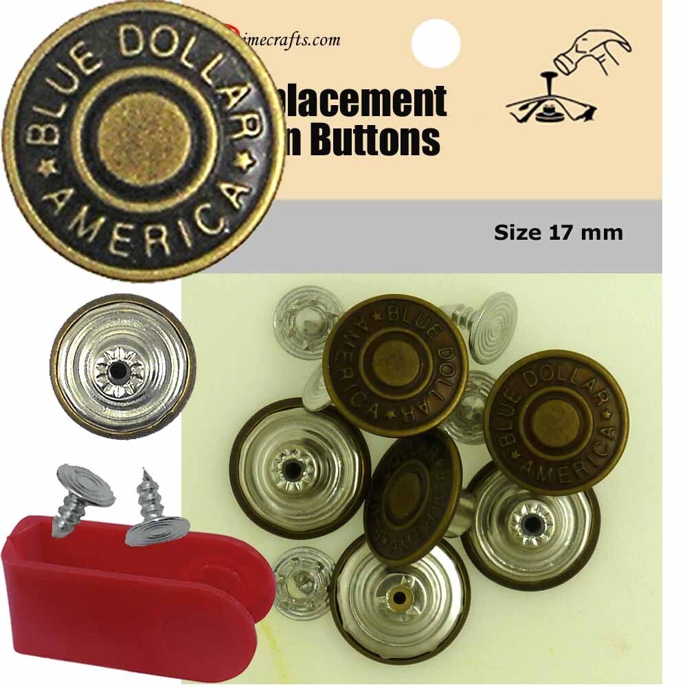 17mm brass jean tack buttons CT. 6 w/Tool – Replacement button for Levis!