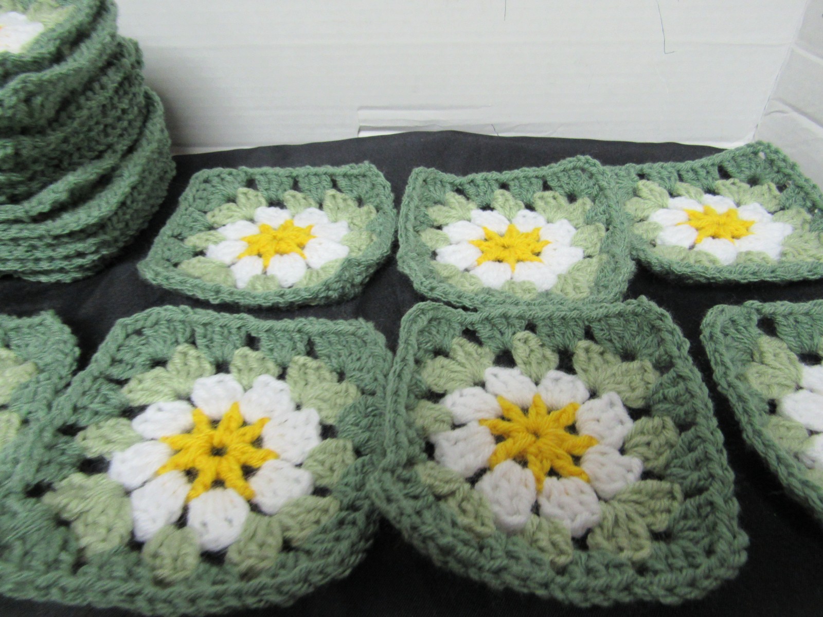Lot of 20 5” Crochet Granny Squares, Floral, Yellow. White, 2 Shades of Green