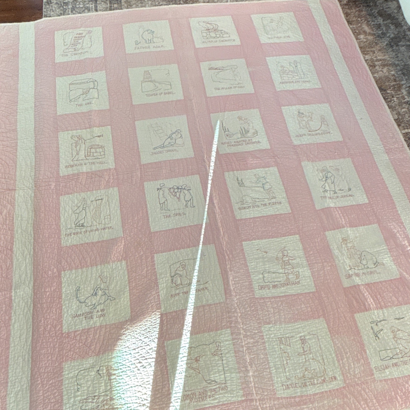 Pink Patchwork Religious Bible Quilt Throw, Hand-sewn Antique 80 x 68, 24 panels