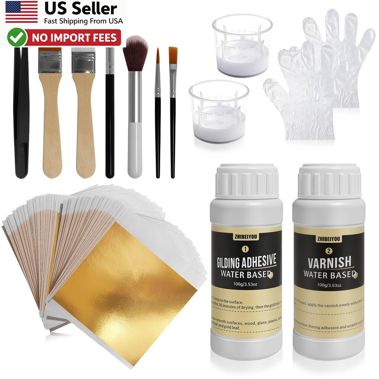 Gold Leaf Gilding Adhesive Kit 100 Sheets Water Based Glue Varnish FROM USA
