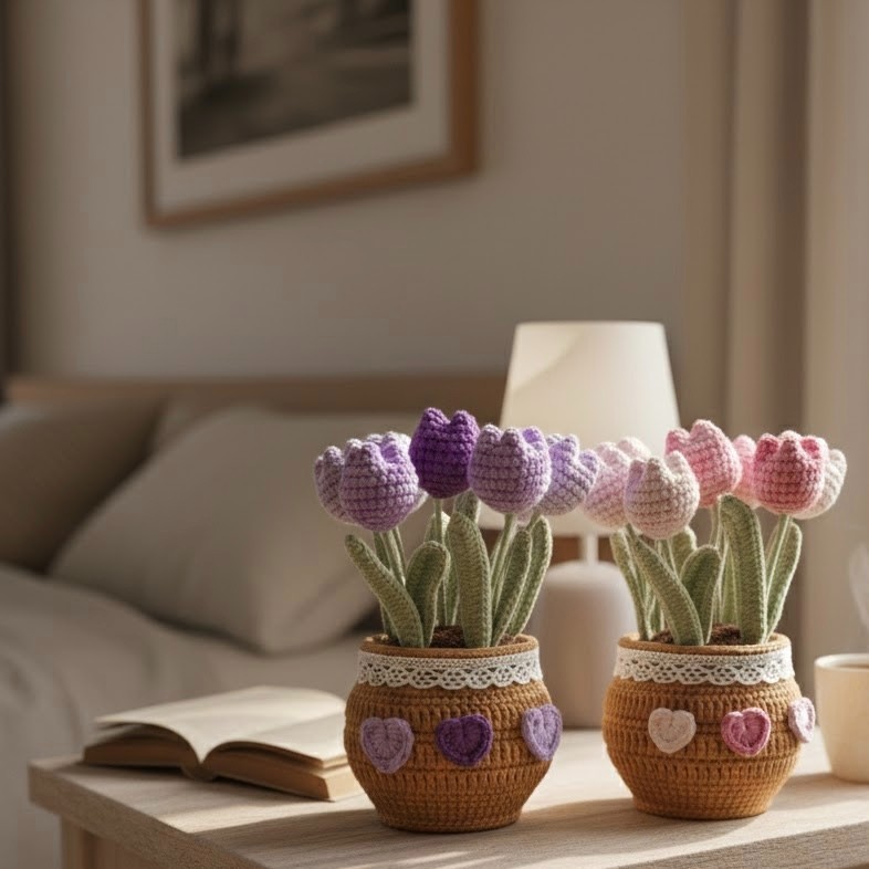 Handmade Crochet Tulip Pot Valentine’s Day Gift for Girlfriend,Friends, Teacher
