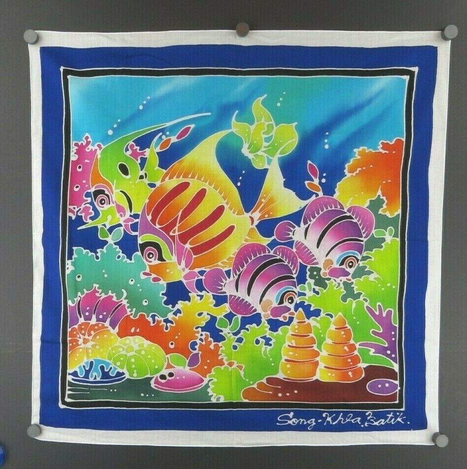 LRG THAILAND 22″ x 22″ hand-painted BATIK PANEL TROPICAL FISH #34 VIBRANT SUPERB
