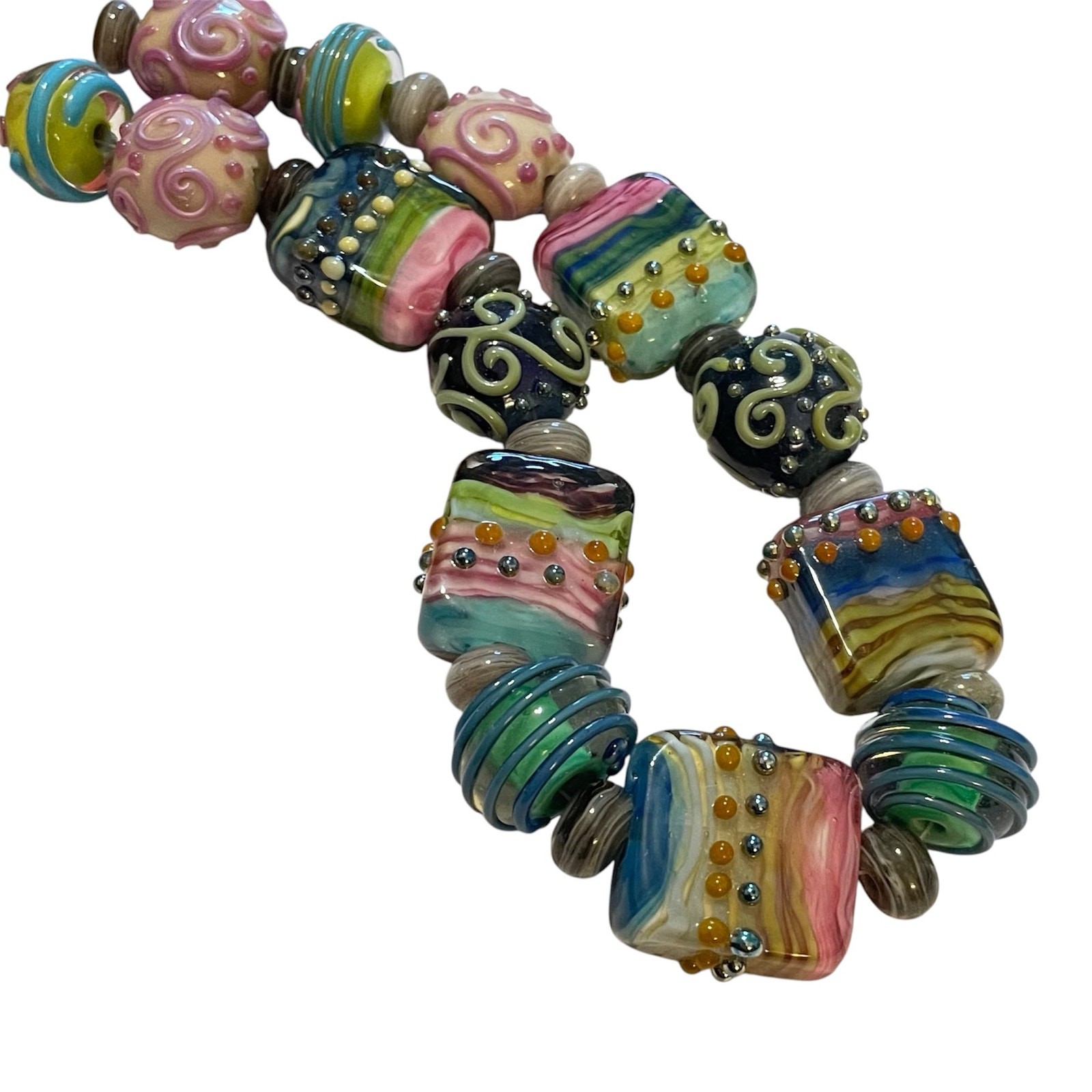 Handmade Lampwork Multicolored Raised Dots Swirls Round & Square Glass Bead Set