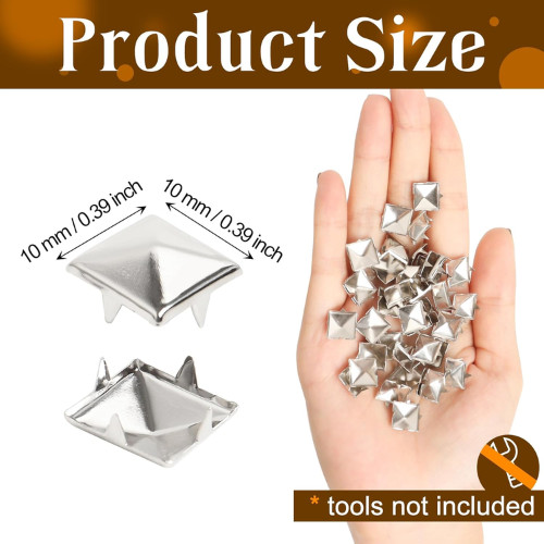 200 Pcs 10mm Silver Studs for Clothing Four-jaw Square Punk Spikes Pyramid S…