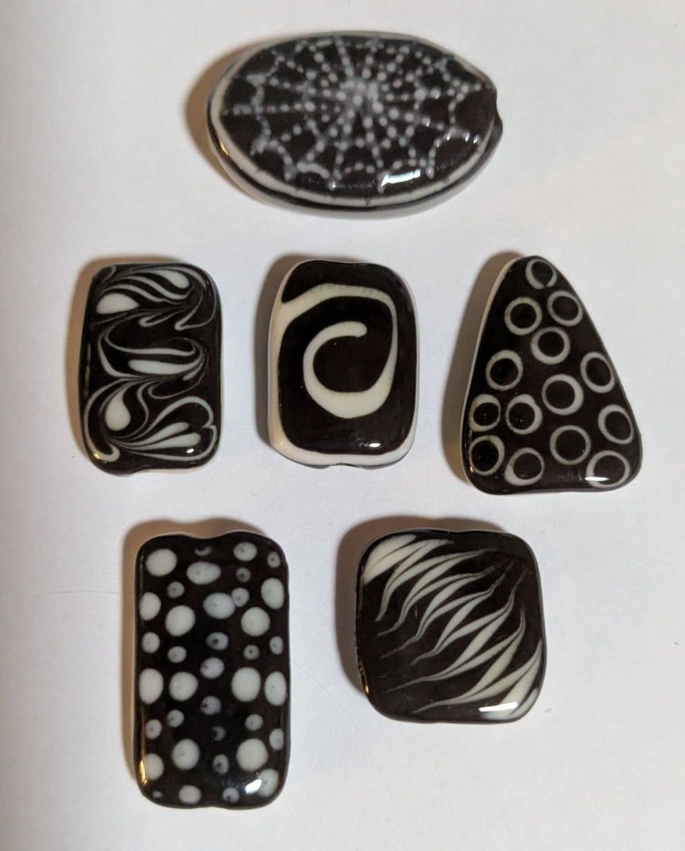 Lot of 6 Handmade Reversible Black & White Beads, w/Designs & Focal Spider Bead