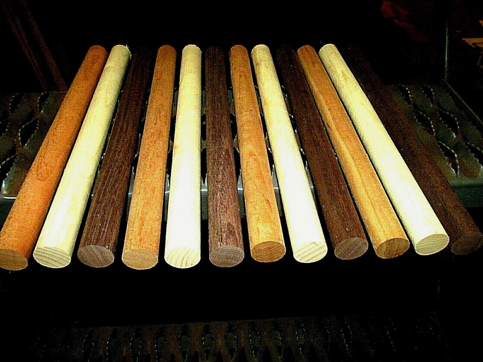 (12) COLORFUL ROUND DOWEL ROD WALNUT, PADAUK, MAPLE, PURPLEHEART 12″ X 15/16″