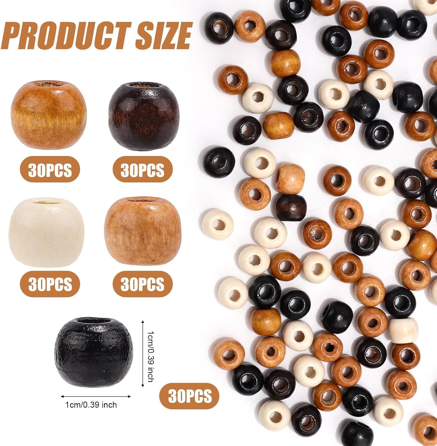 150 Pcs Large Hole Wooden Beads for Crafts, 5 Colors 10Mm/0.39In Natural Wood