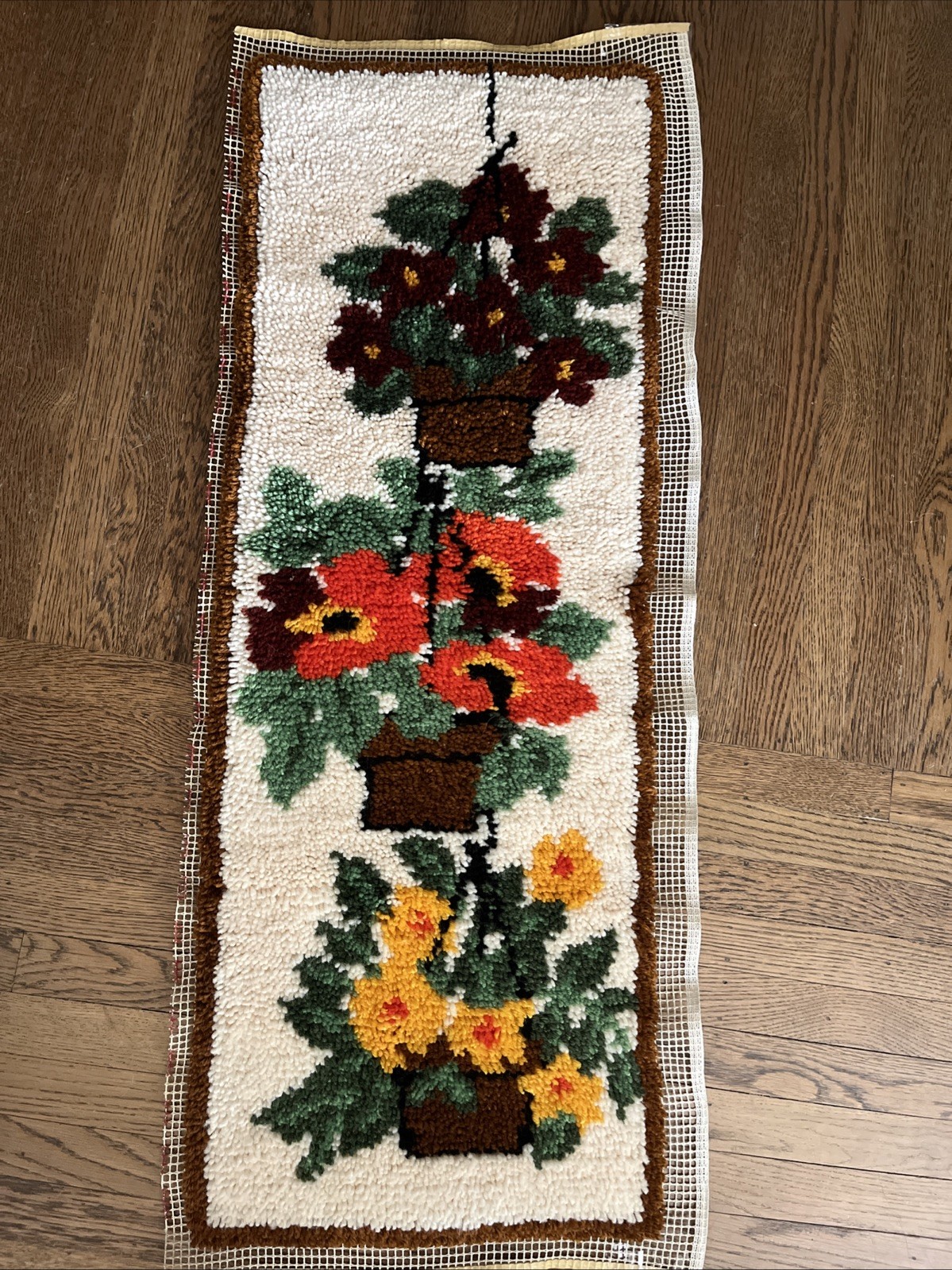 Vintage 70s Potted Flowers Latch Hook Rug Wall Hanging Art MCM XL 44″ x 16”