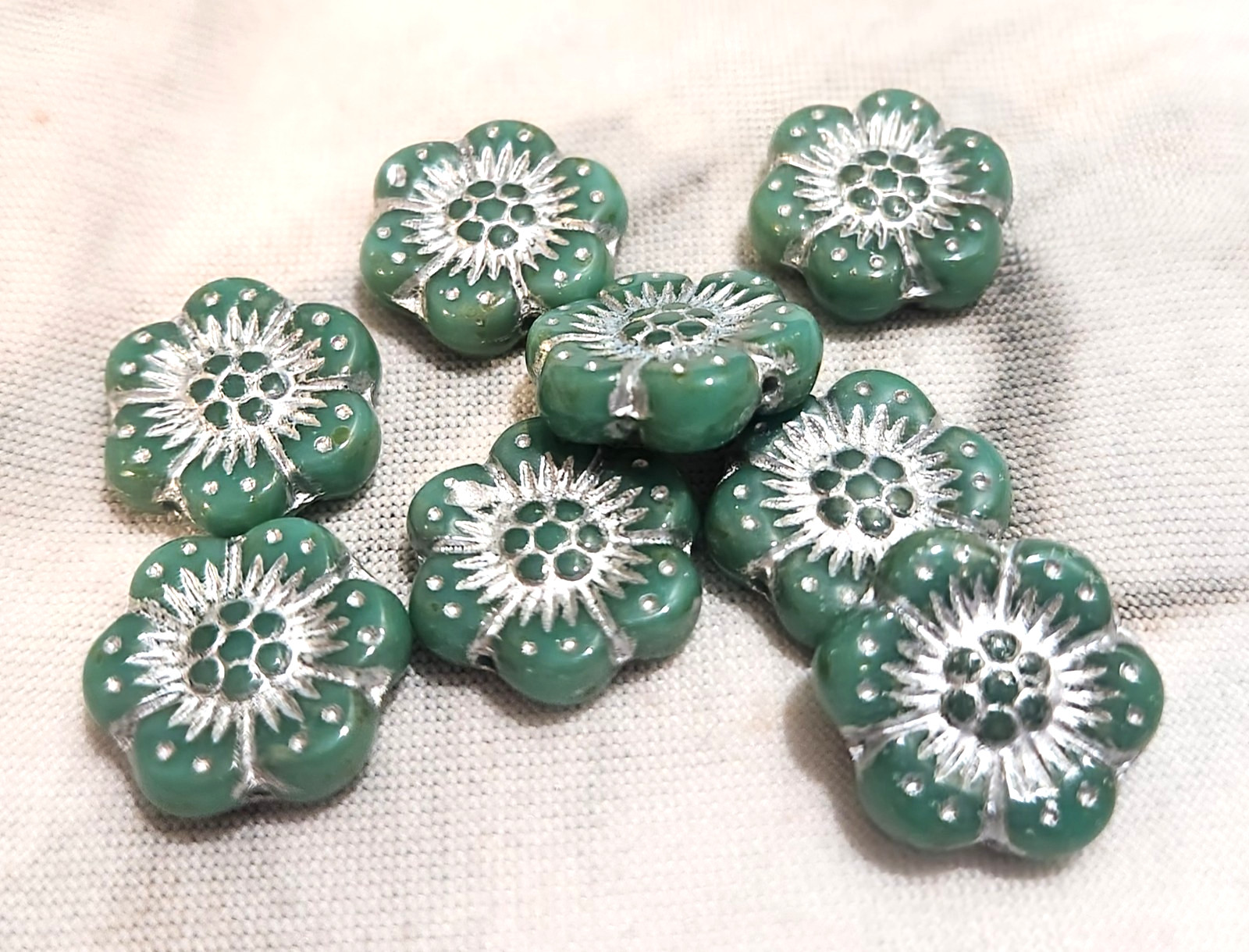 Eight 14mm Wild Rose Czech Glass Beads in turquoise green with white accent