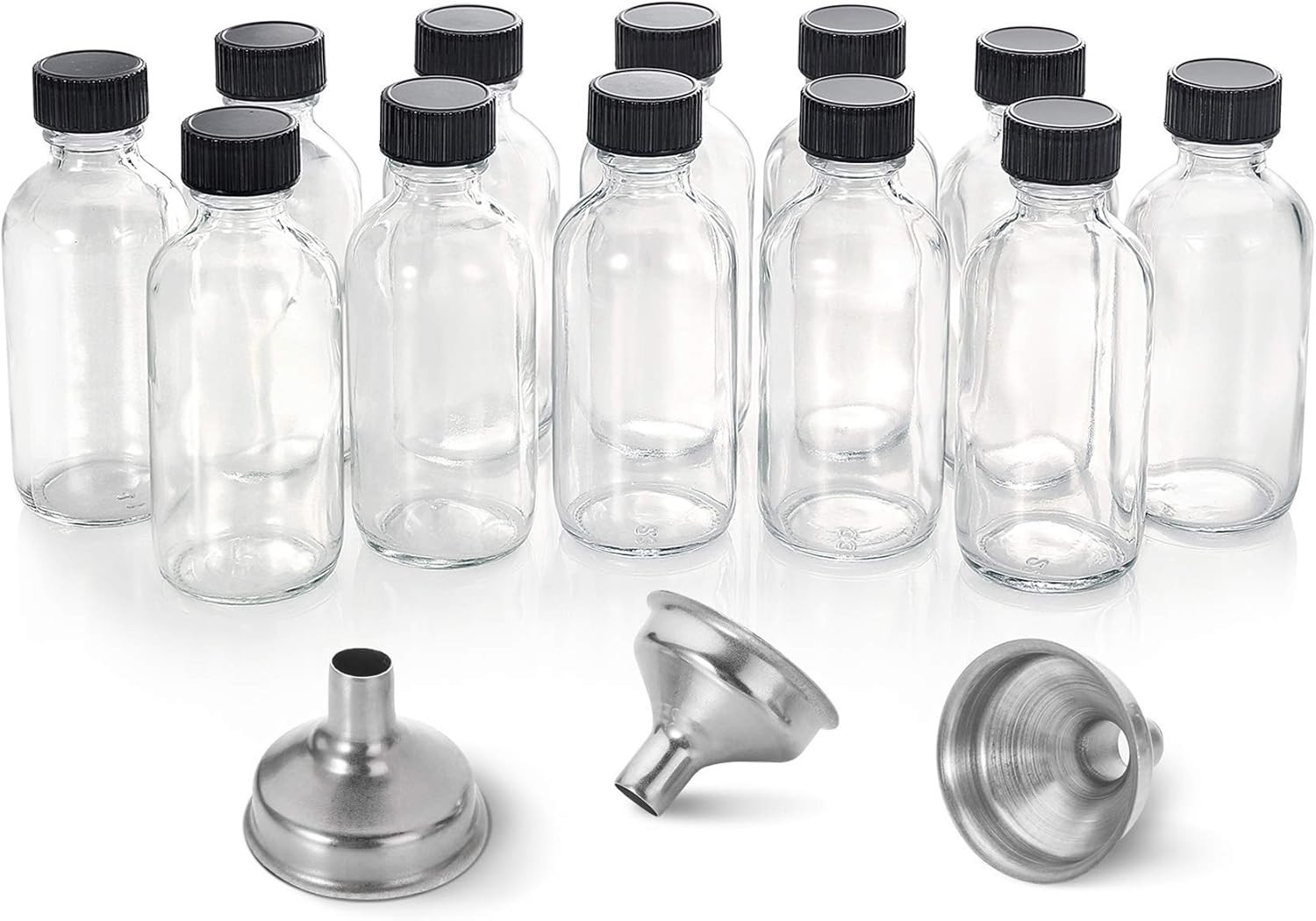 12 Pack, 2 Oz Small Clear Glass Bottles W/Lid & 3 Funnels – 60Ml Boston Shot Bot