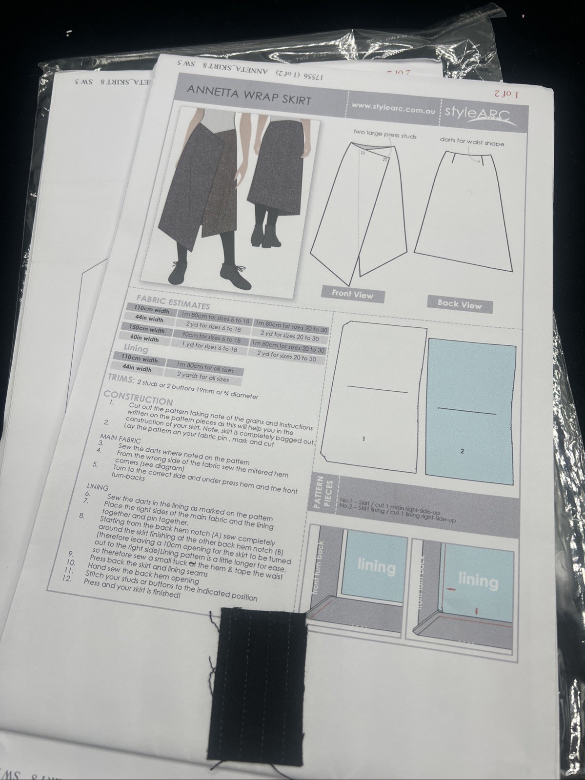 Style Arc Paper Sewing Pattern Annetta Asymmetrical Wrap Skirt Sz 8 Uncut