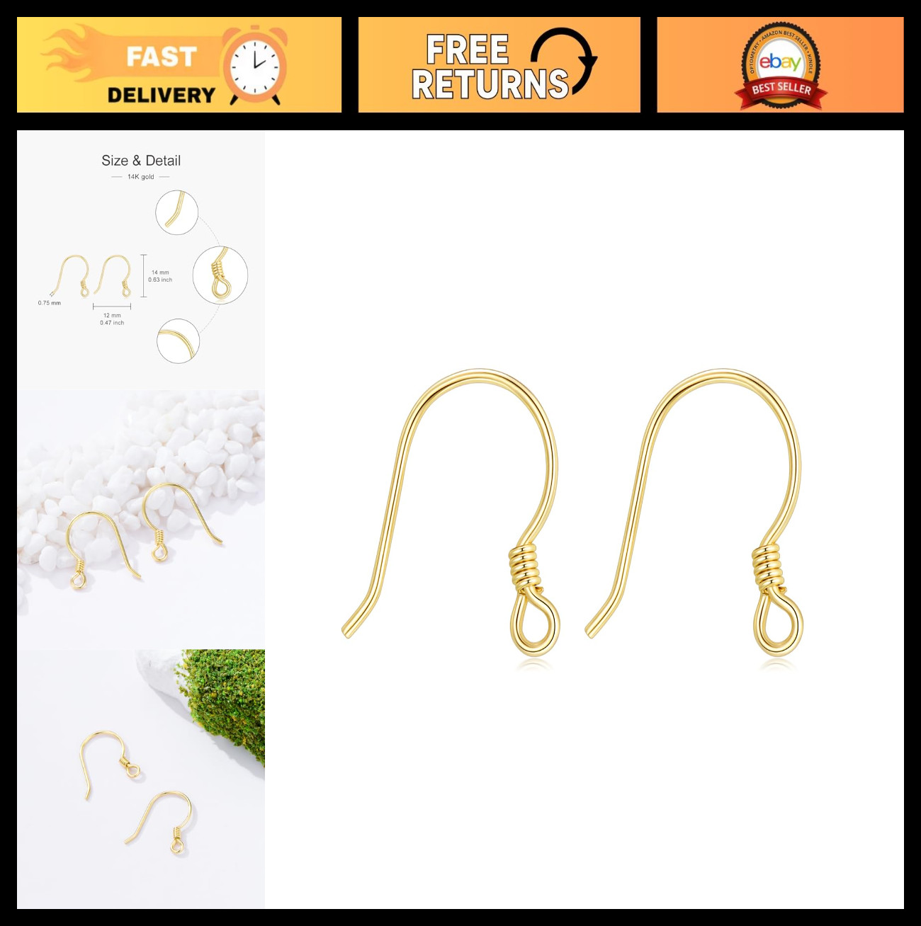 14K Yellow Gold Earring Hooks for Jewelry Making – Fish Hook Findings, Style 1