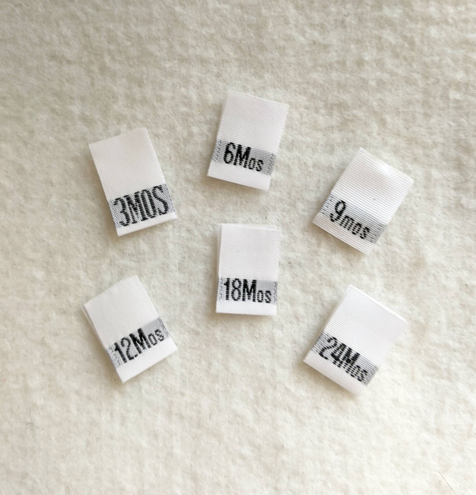 120PC WOVEN INFANT SEWING CHILD CLOTHING LABEL SIZE TAGS – 3 6 9 12 18 24 MONTHS