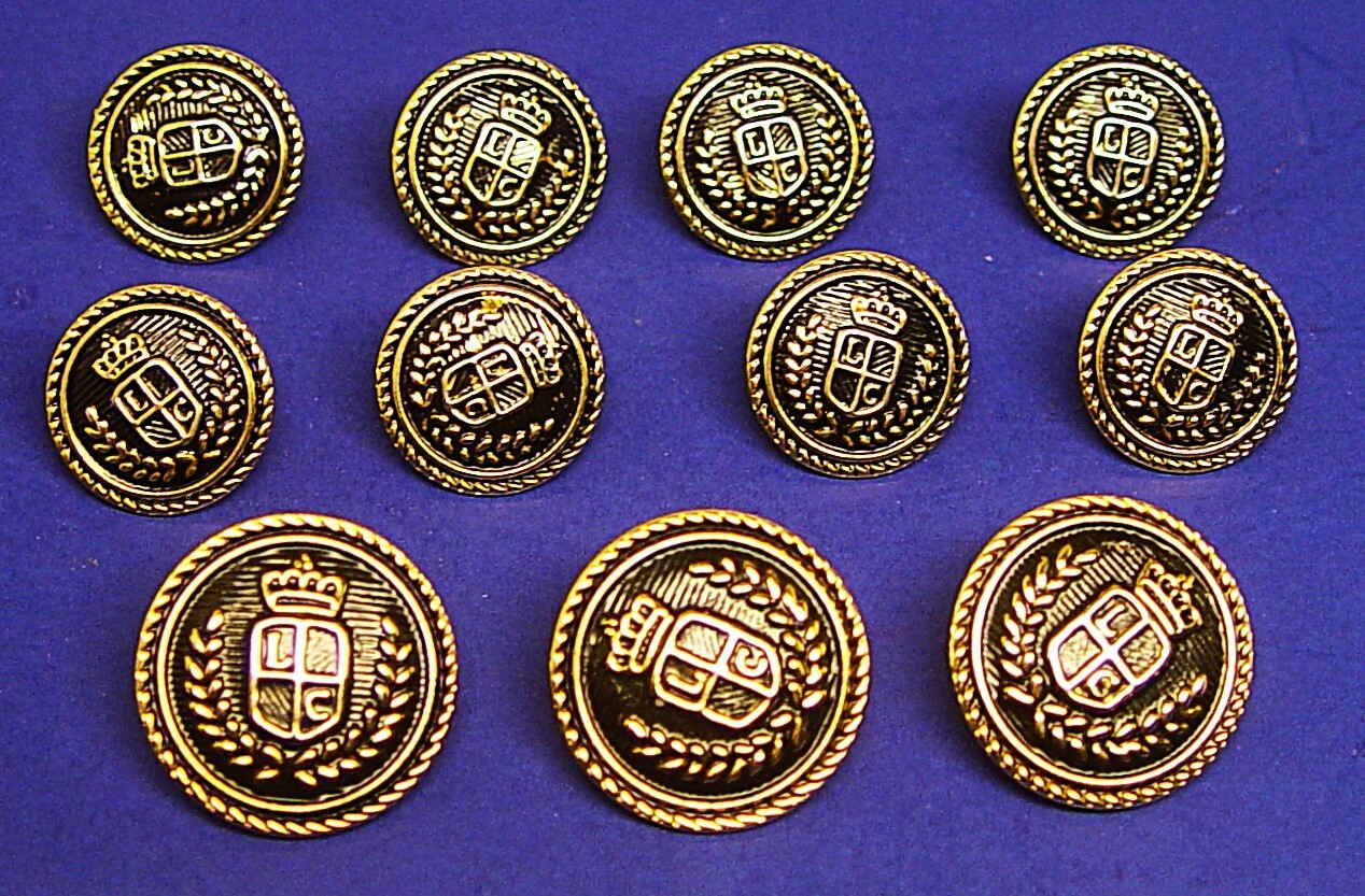 UNKNOWN BRAND replacement buttons 11 gold tone metal blacken outline Good Cond.