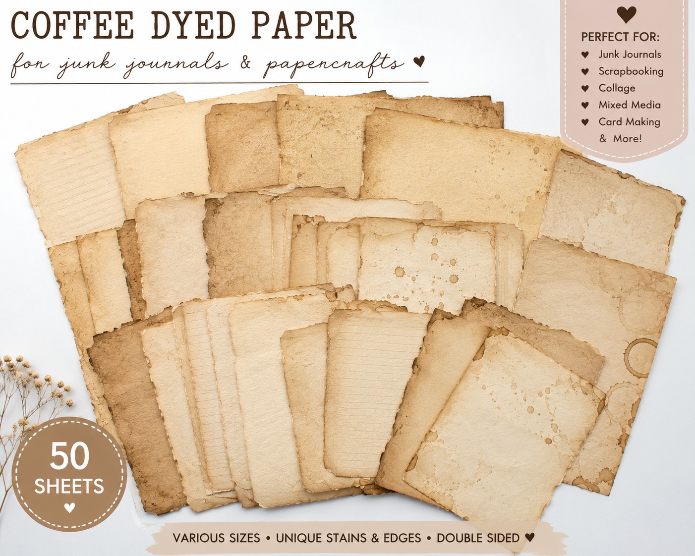 Coffee Dyed Paper Pack Vintage Aged Paper for Junk Journals Scrapbooking Crafts