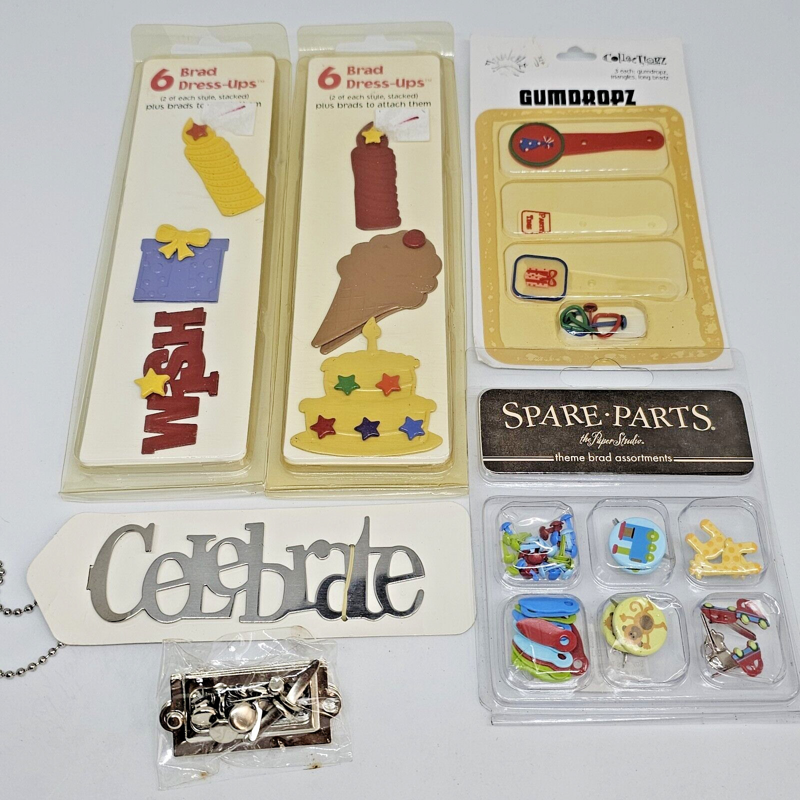 Lot of Embellishments for Scrapbooking Brads Happy Birthday Etc