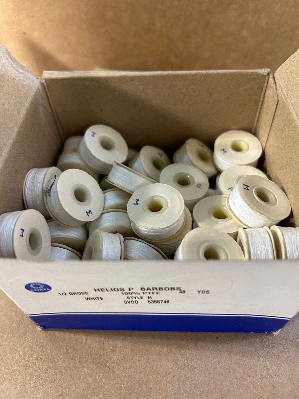 T-138 STYLE M COATS HELIOS P (PTFE) WHITE BOBBINS 1/2 GROSS (72 PCS)
