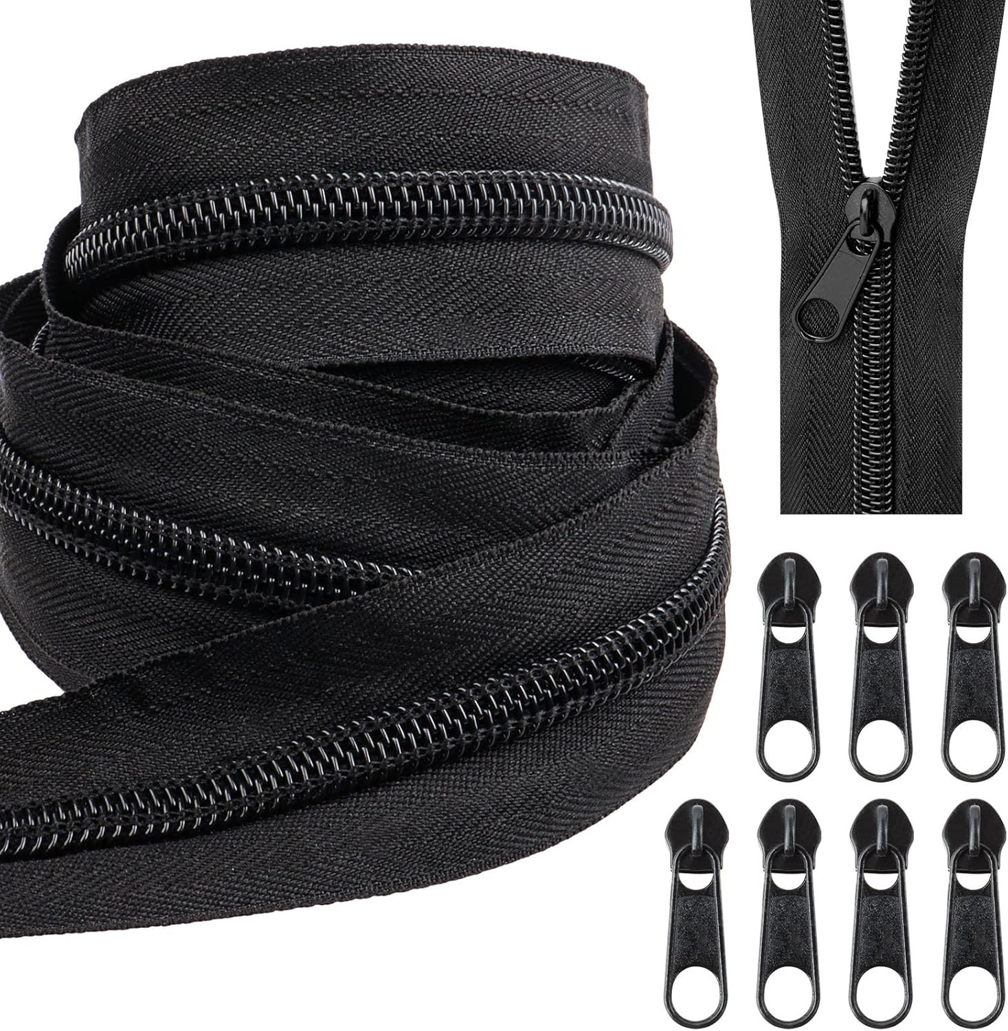 10 Yards Black Nylon Coil Zipper #5 with 20 Metal Sliders Bulk Roll for DIY Sewi