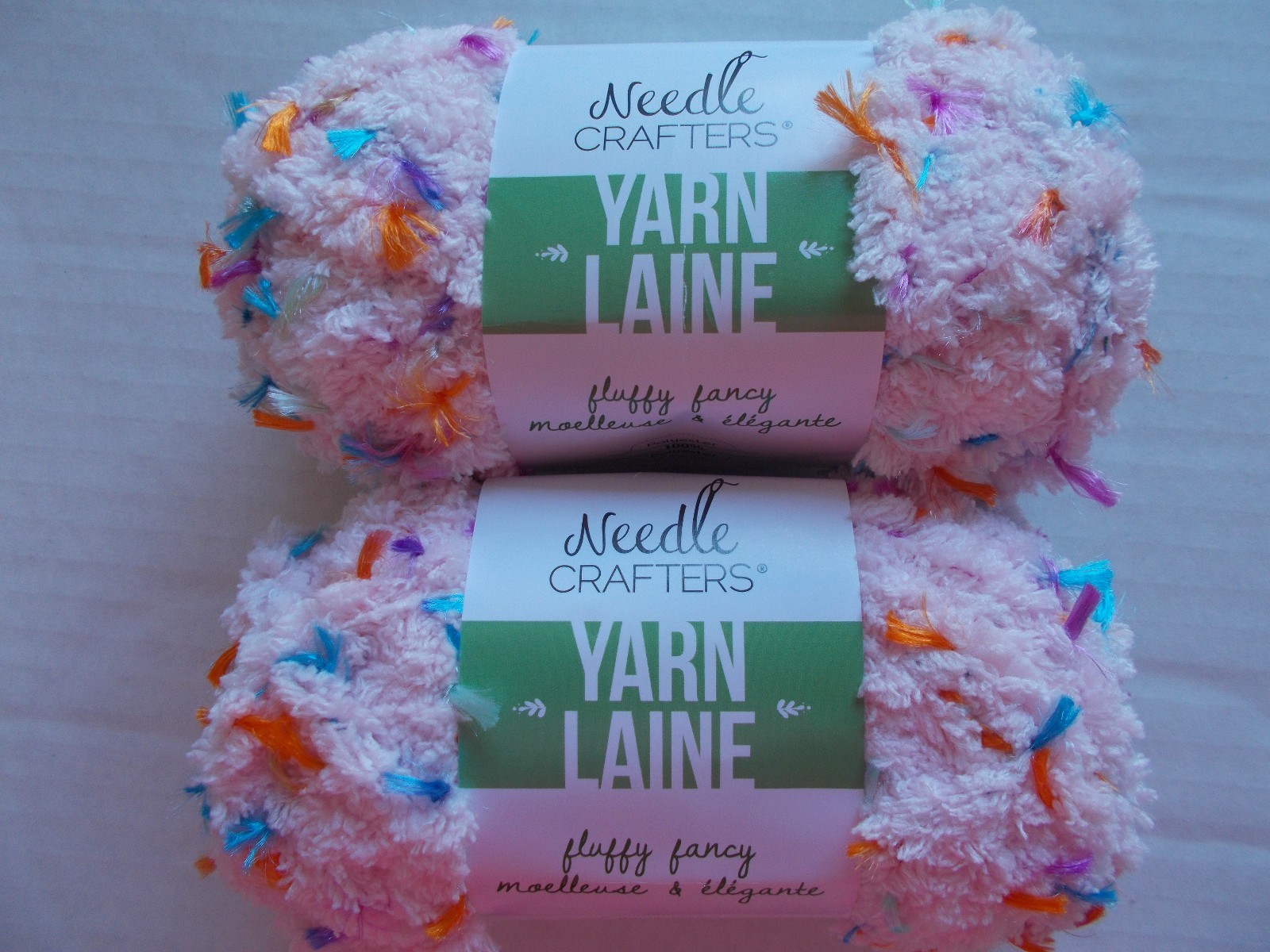 Needle Crafters Fluffy Fancy yarn w/ colors, Soft pink, lot of 2 (27 yds ea)