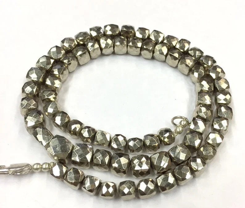 Natural Faceted Silver Pyrite Cube Beads 6-8mm 18″ Strand Gemstone Beads.