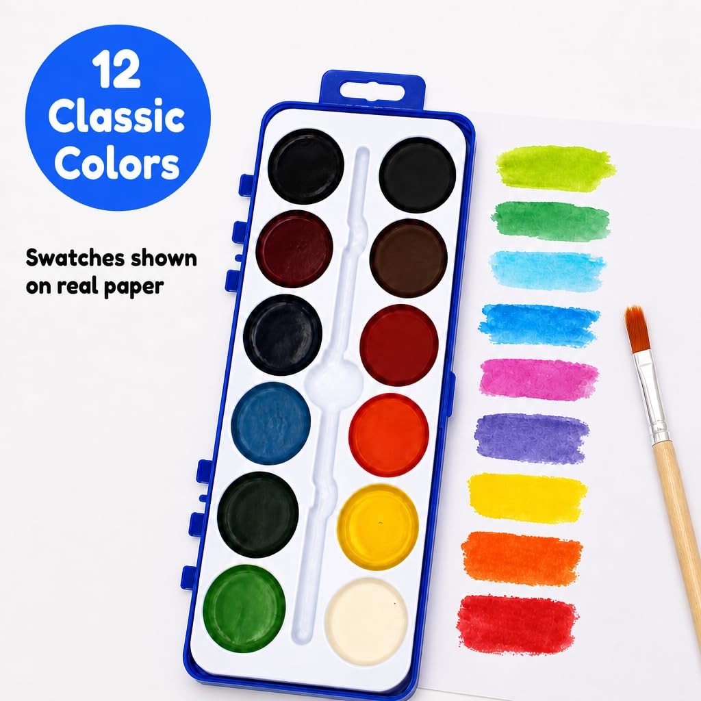 Watercolor Paint Pack Wood Brushes 12 Colors 0.61 Ounce Washable 18 PCS