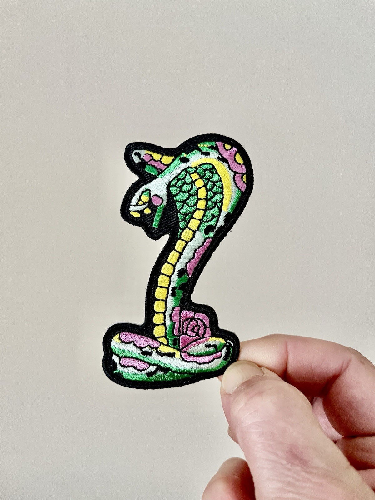 Snake Iron on Patch Pink Greens Yellow Black White Embroidered Comic