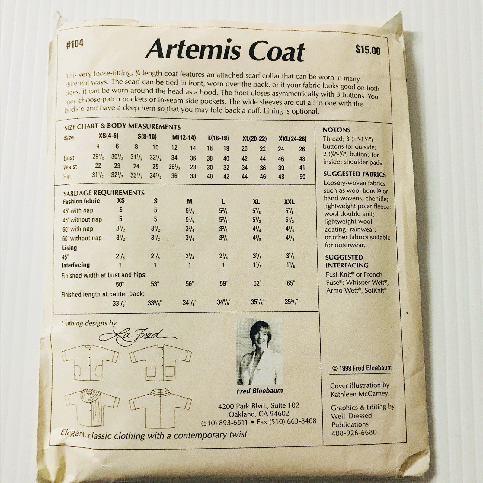 Artemis Coat 2004 Sewing Pattern Clothing Designs by La Fred Sz XS-XXL Uncut