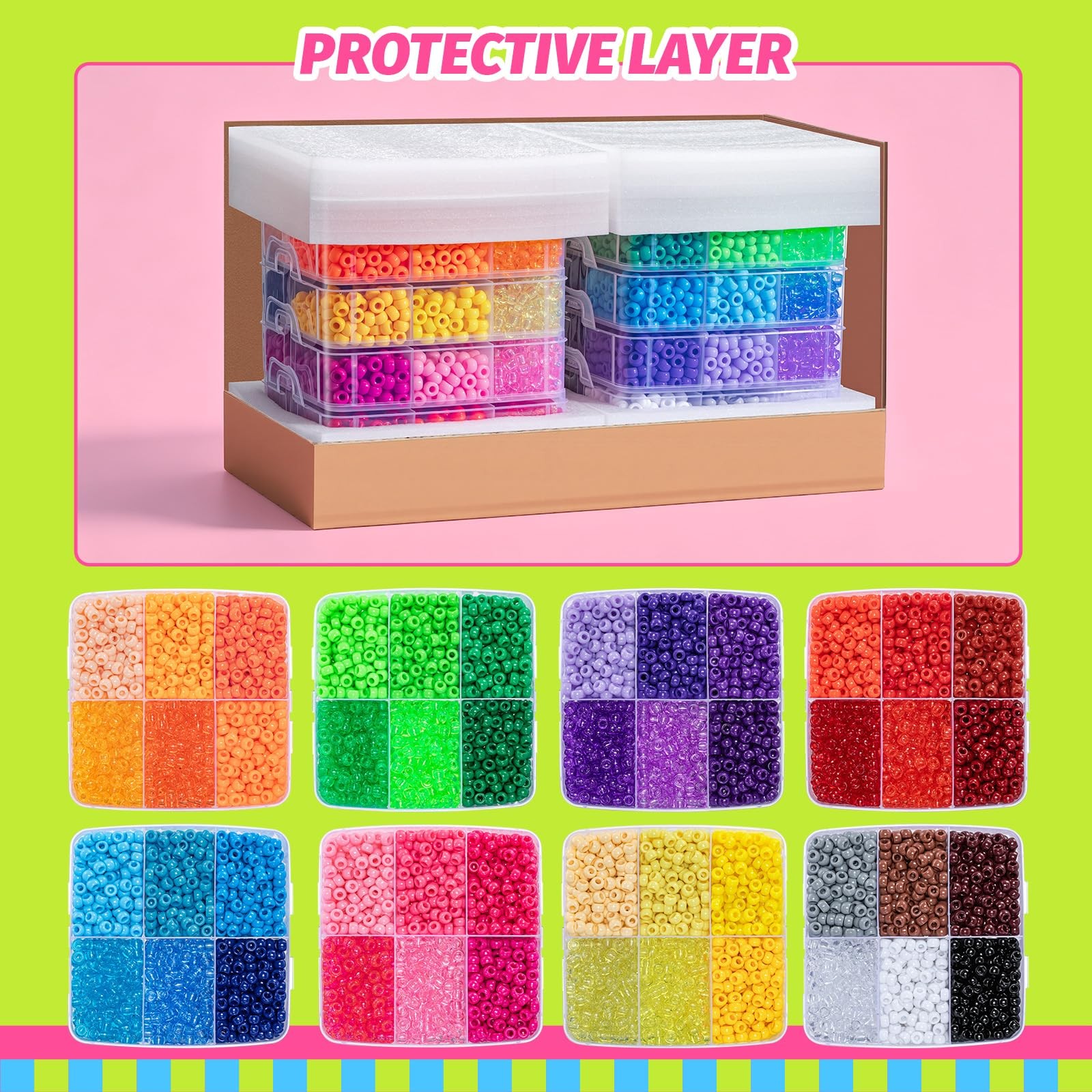 10000Pcs 48 Colors Pony Beads Bulk, 6X9Mm Plastic Kandi Beads for Bracelet Hair