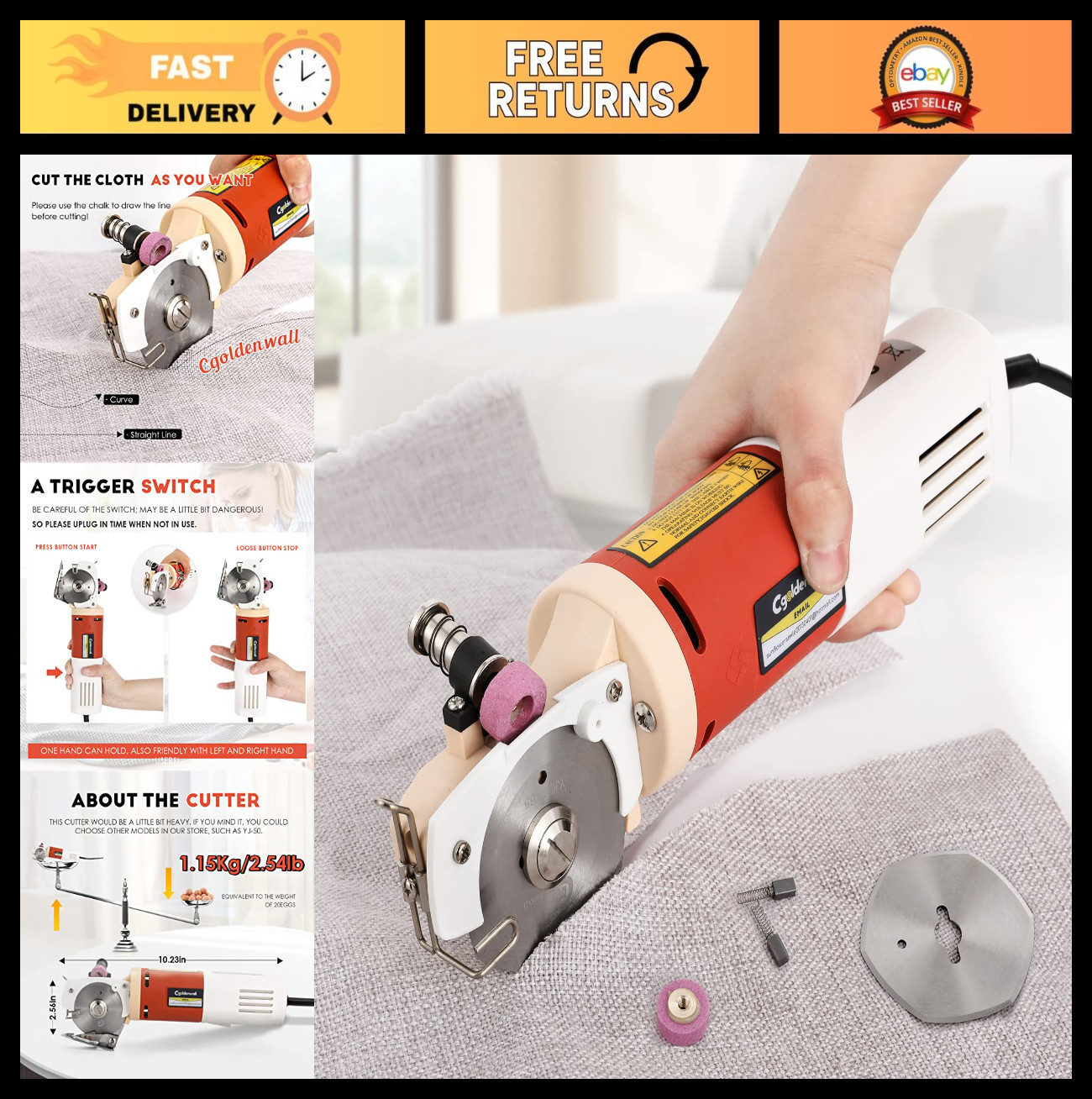 Electric Rotary Fabric Cutter – Heavy Duty Multi-layer Cutter, 0.86″ Thickness,