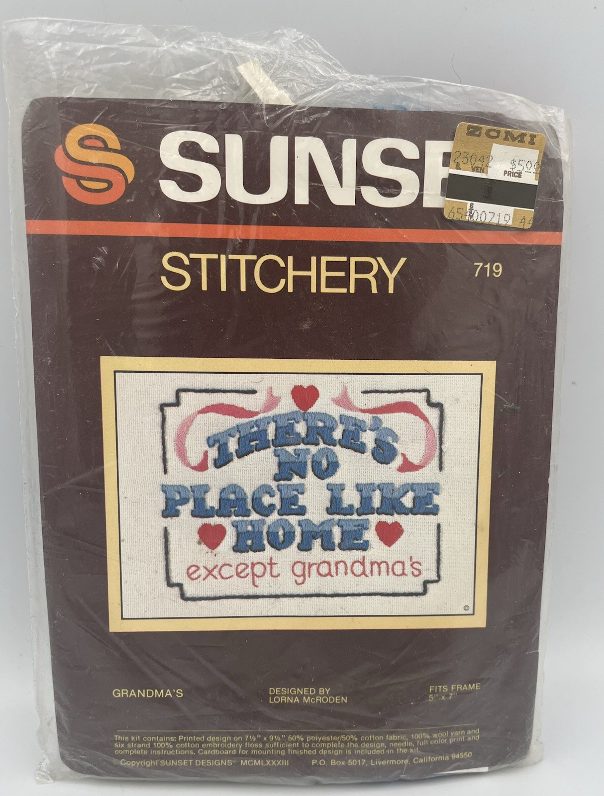 New Sunset Stitchery 719 Grandma’s Embroidery Kit 5” x 7” No Place Like Home Vtg