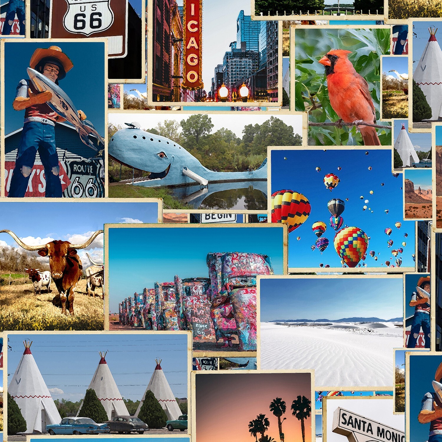 Sunny On The Road Again RT 66 Postcards from Hoffman Quilt Fabric BTY 44″ Wide