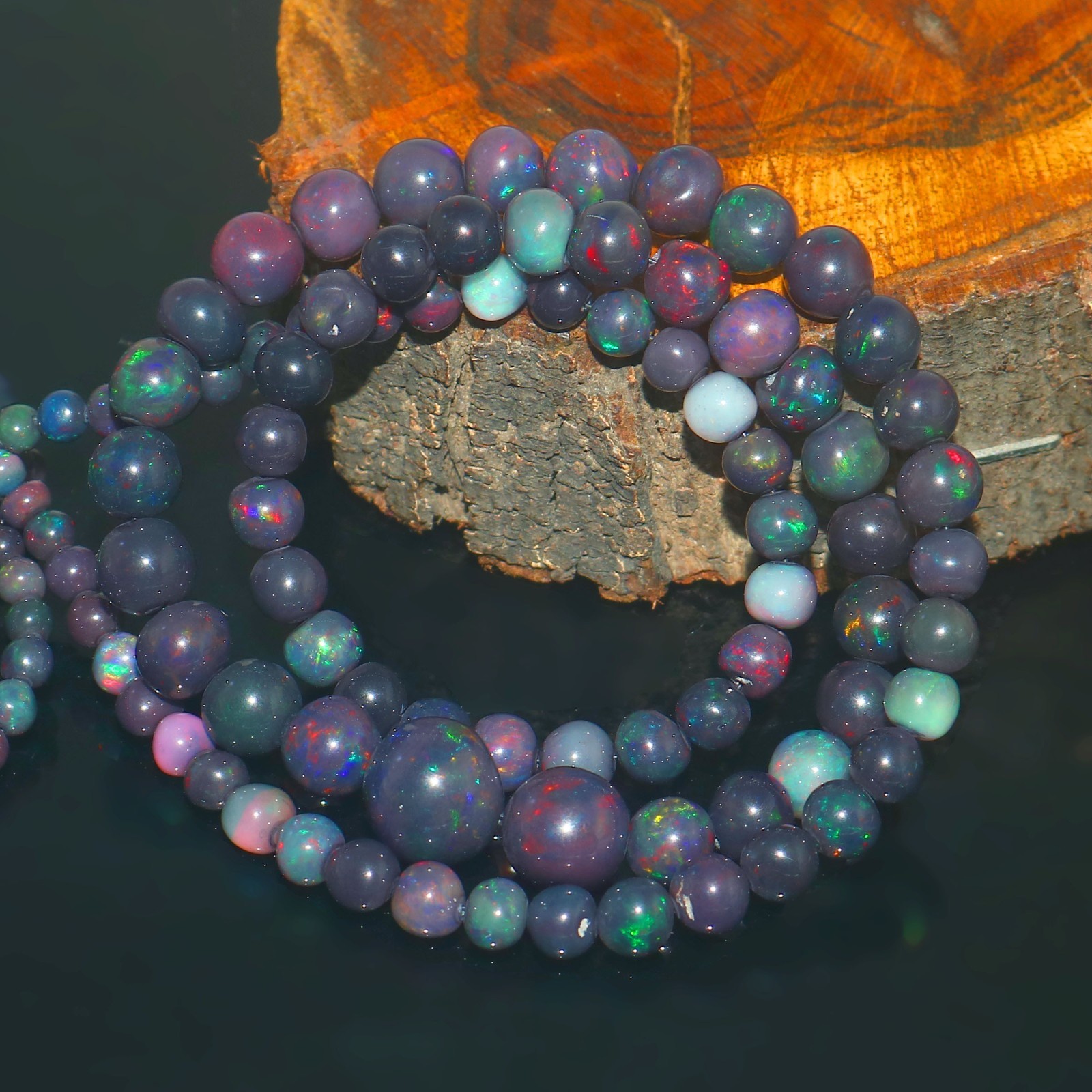 55Cts Ethiopian Opal Smooth Round Beads Black Opal Necklace NB152