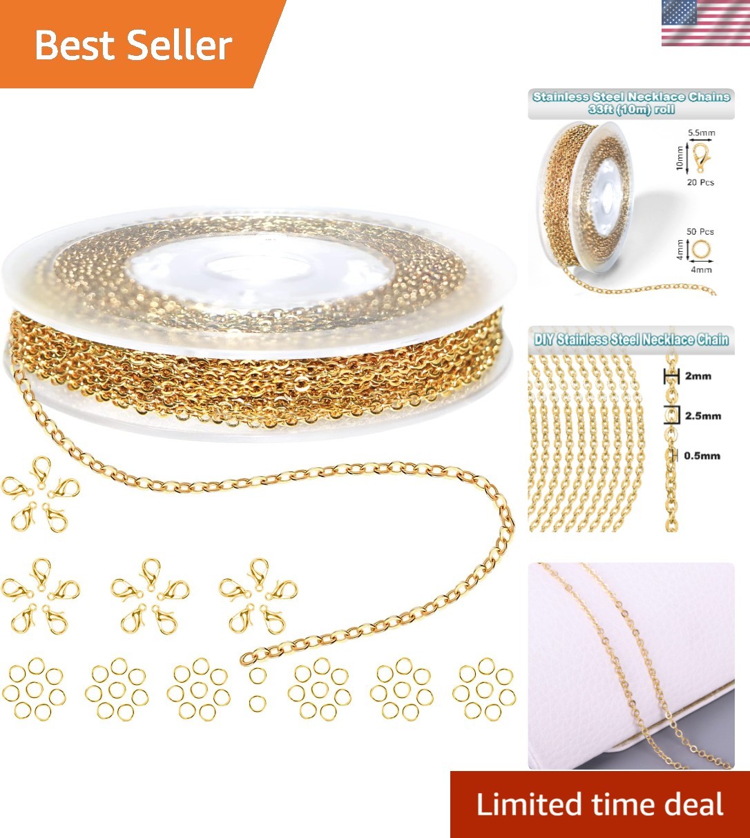 Non-Tarnish Gold Jewelry Making Chain – 33ft with Lobster Clasps & Rings