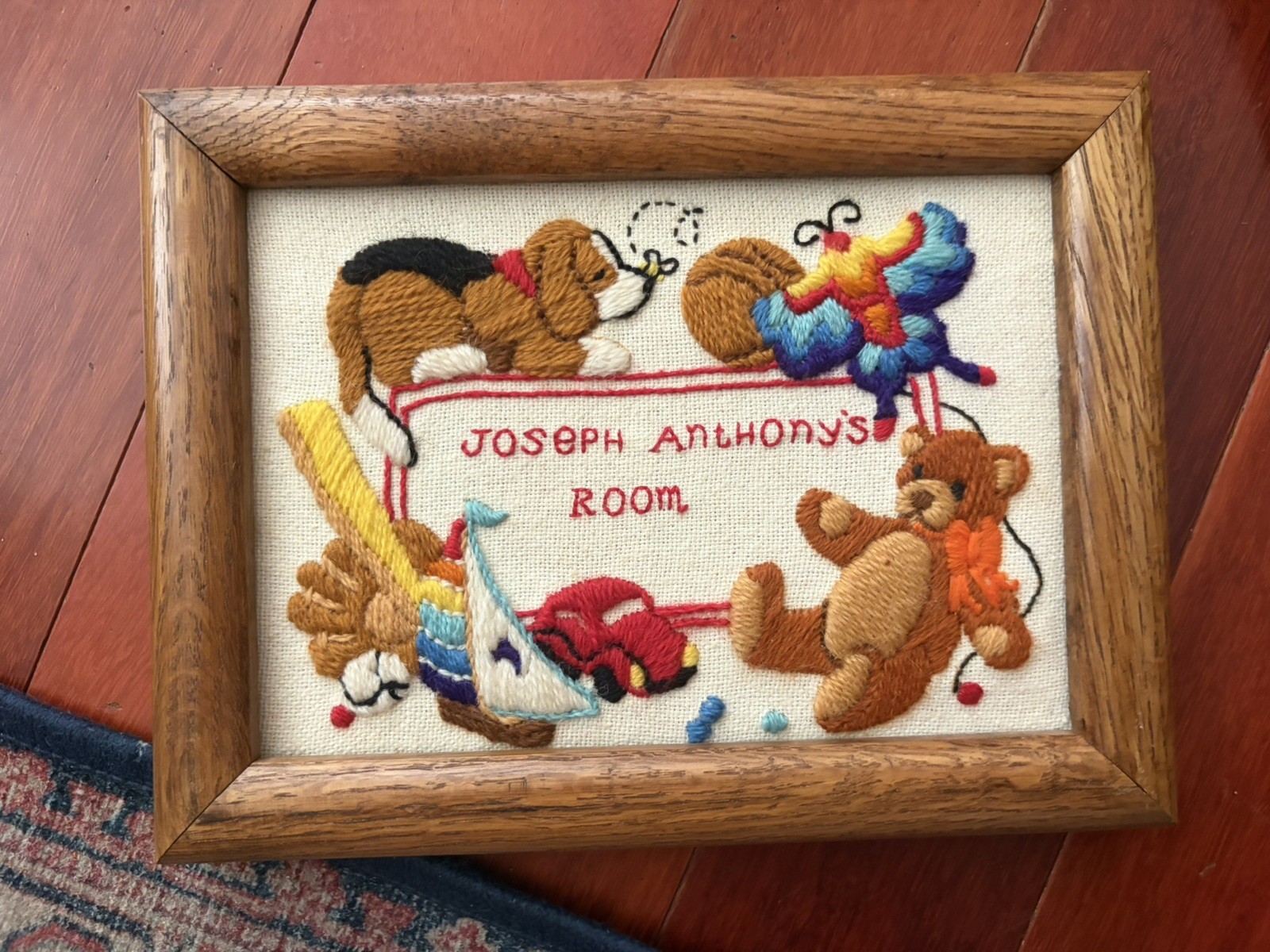 Vtg Framed Crewel Embroidery Art Baby Boy Nursery Cottagecore Kitsch