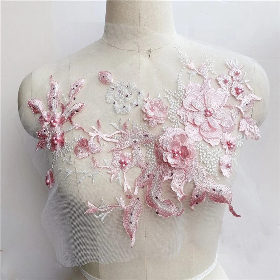3D Flowers Beaded Lace Fabrics Applique Embroidery Sewing On Patches