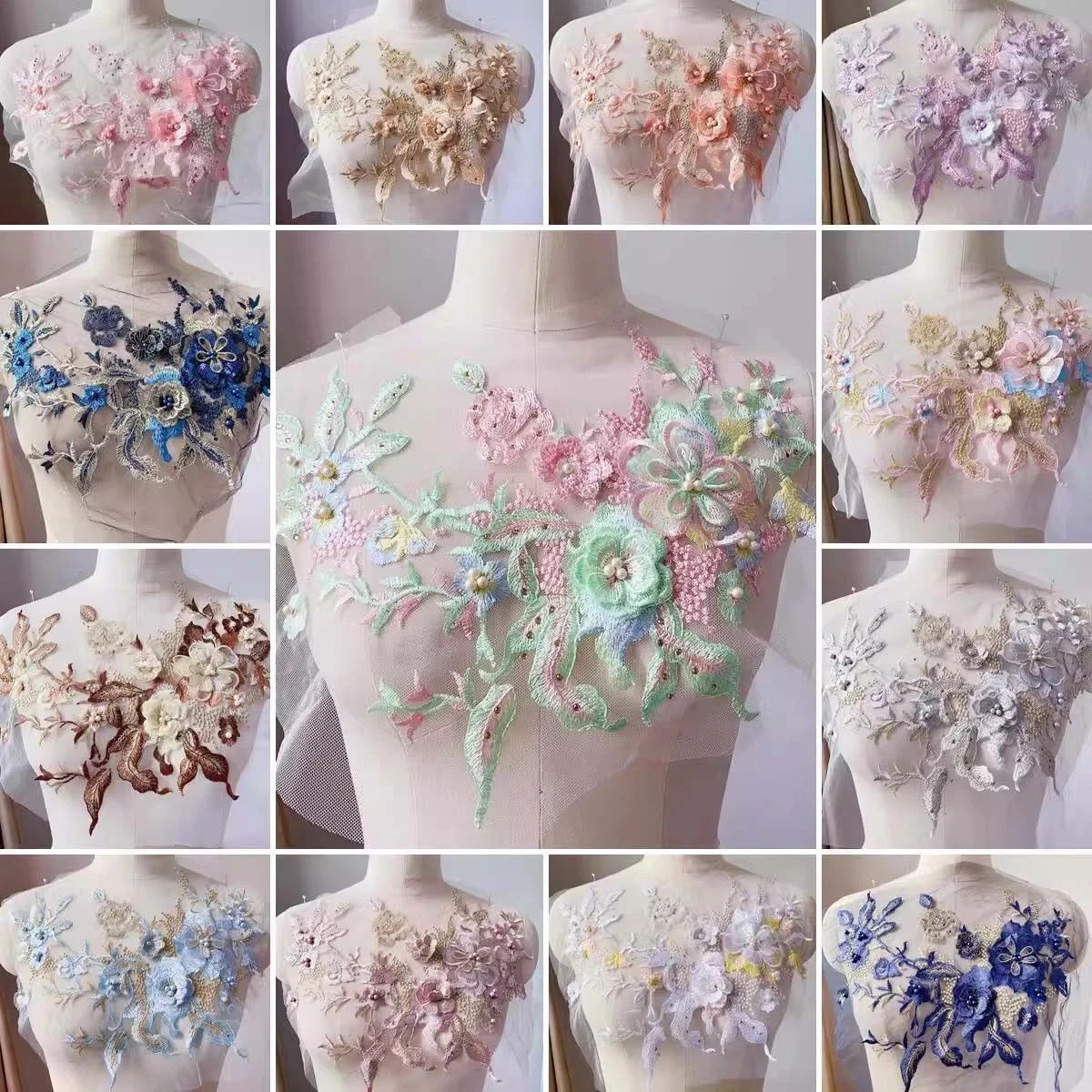 3D Flowers Beaded Lace Fabrics Applique Embroidery Sewing On Patches