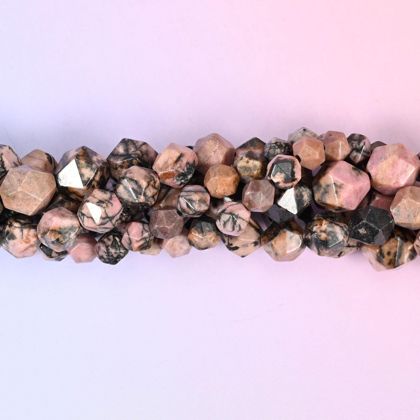 Rhodonite Beads: Faceted Diamond Star Cut, 6-10mm, 15.5 inch Strand