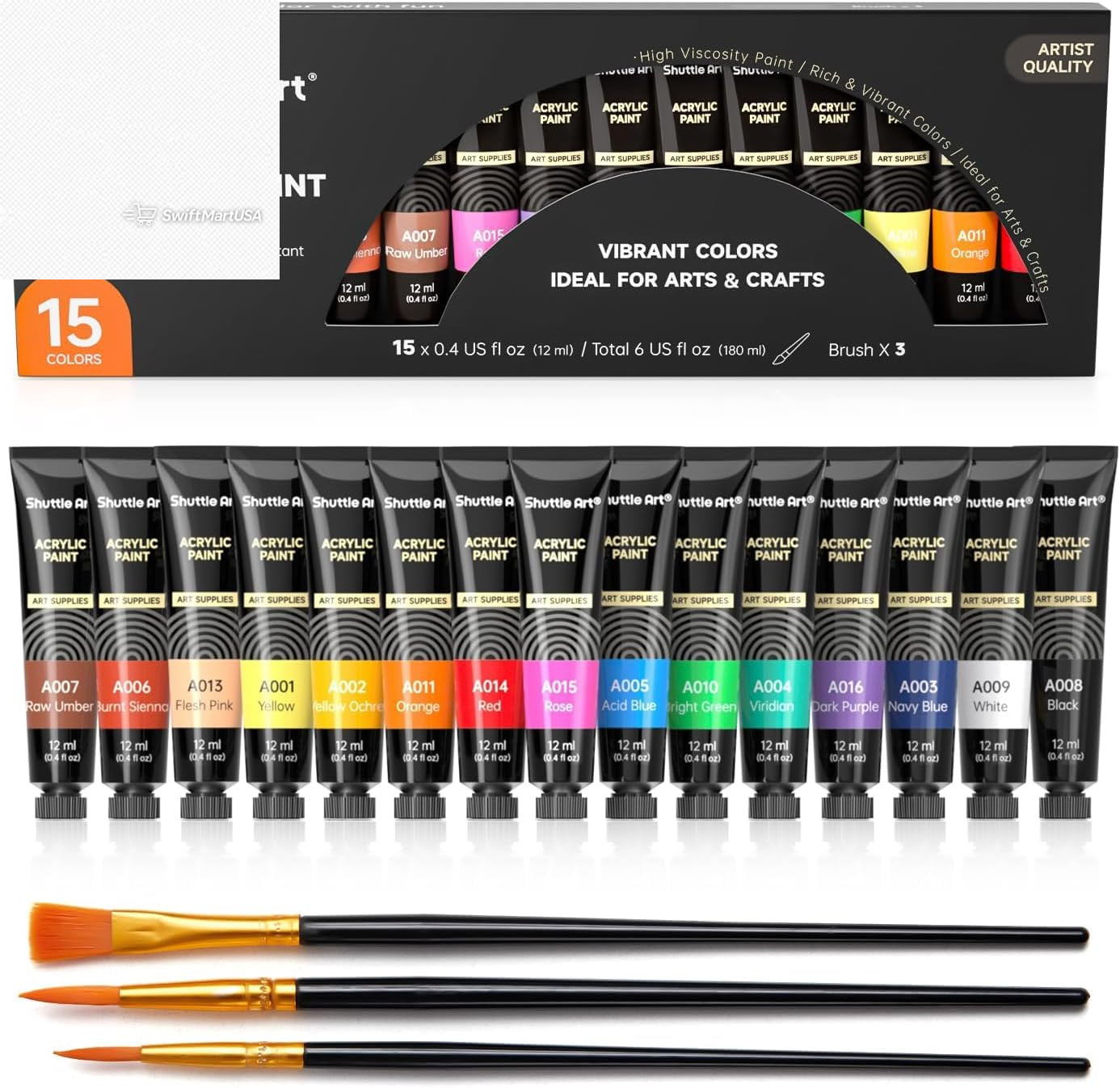 15 Colors Acrylic Paint Set 12ml Tubes Rich Pigment Artist Craft Canvas Wood Cla