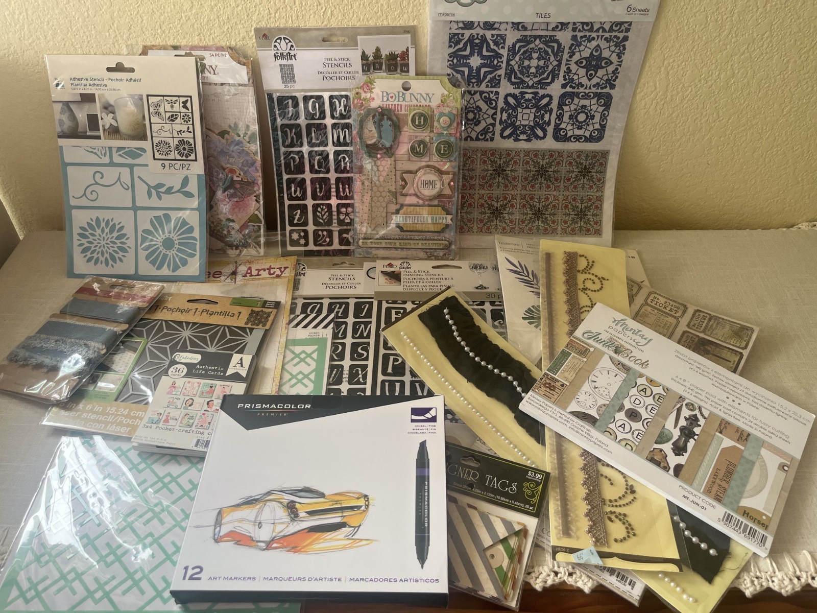 LARGE Lot Contemporary Crafters Kit Prismacolor, Bo Bunny, Stamps, Paper – 20
