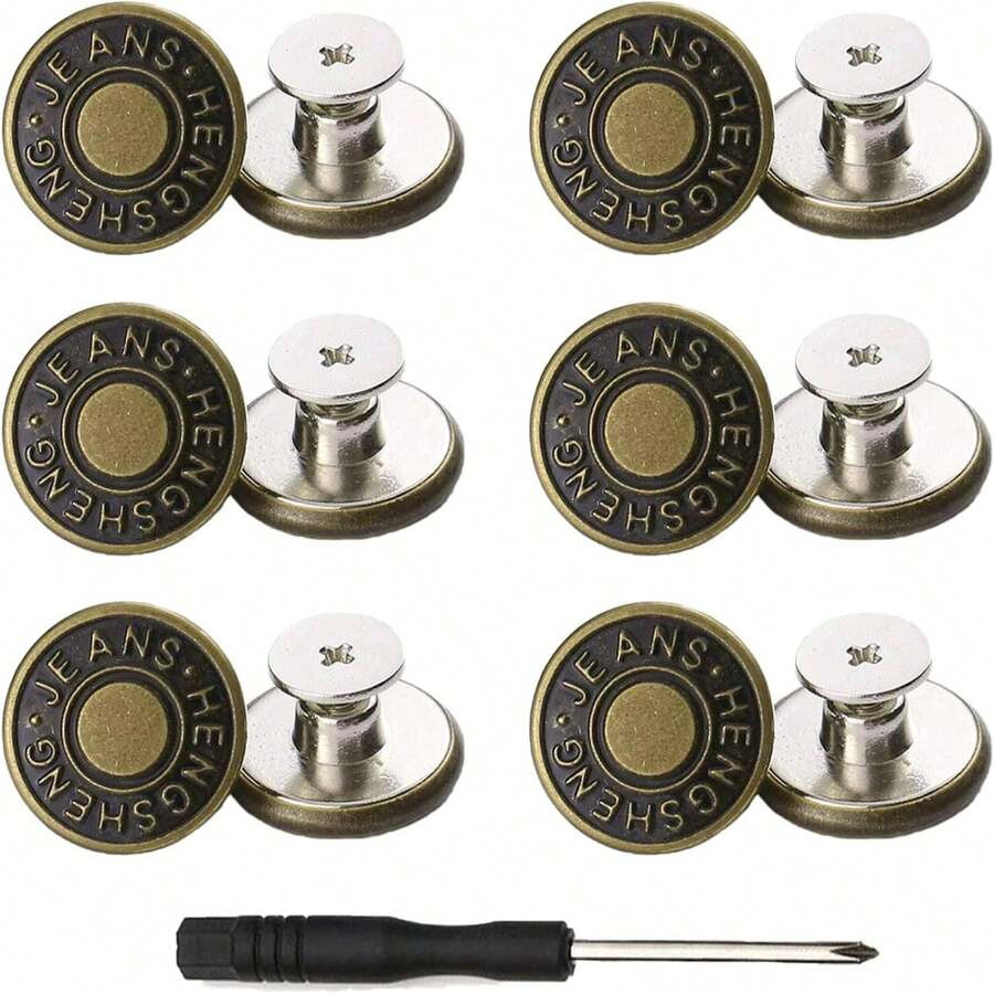 6 PCS Jeans Buttons No Sew Jean Button Replacement with Screwdriver 17mm
