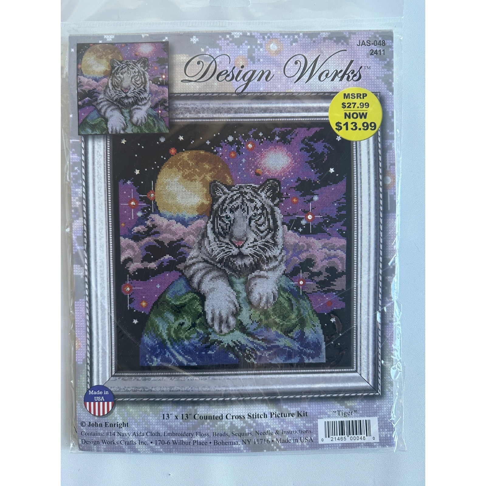 Design Works Tiger Counted Cross Stitch Kit John Enright 13×13 Navy Aida JAS-048