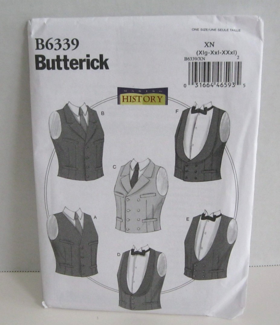 Butterick Making History Vests in 6 Styles Costume Men’s XL-XXXL 46-56 Pattern