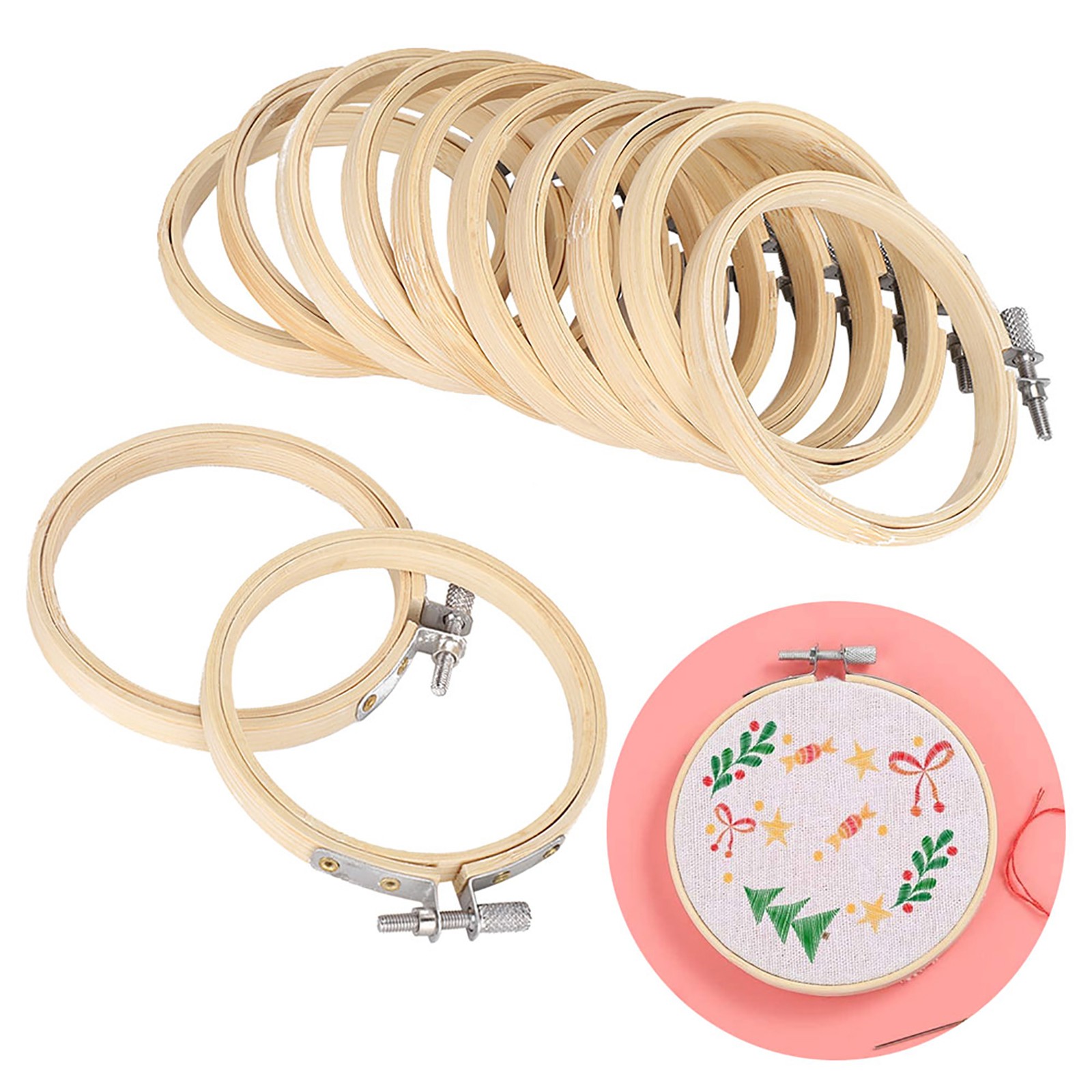 12pcs Bamboo Embroidery Hoops Adjustable Circle Rings For Sewing Craft Use