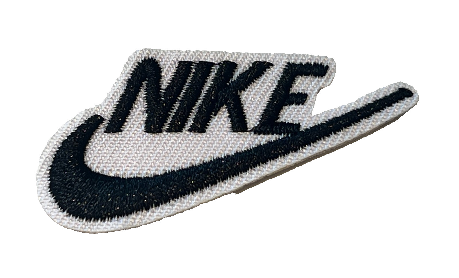 Sports SWOOSH LOGO – 2″ x 1″ – White/Black – Embroidered Iron On Patch