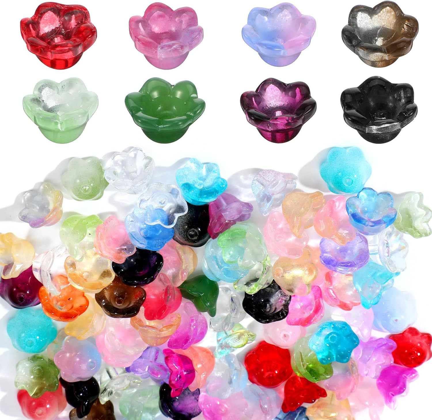 100 Pcs Glass Flower Beads for Jewelry Making, Cute Gradient Clear Floral Beads