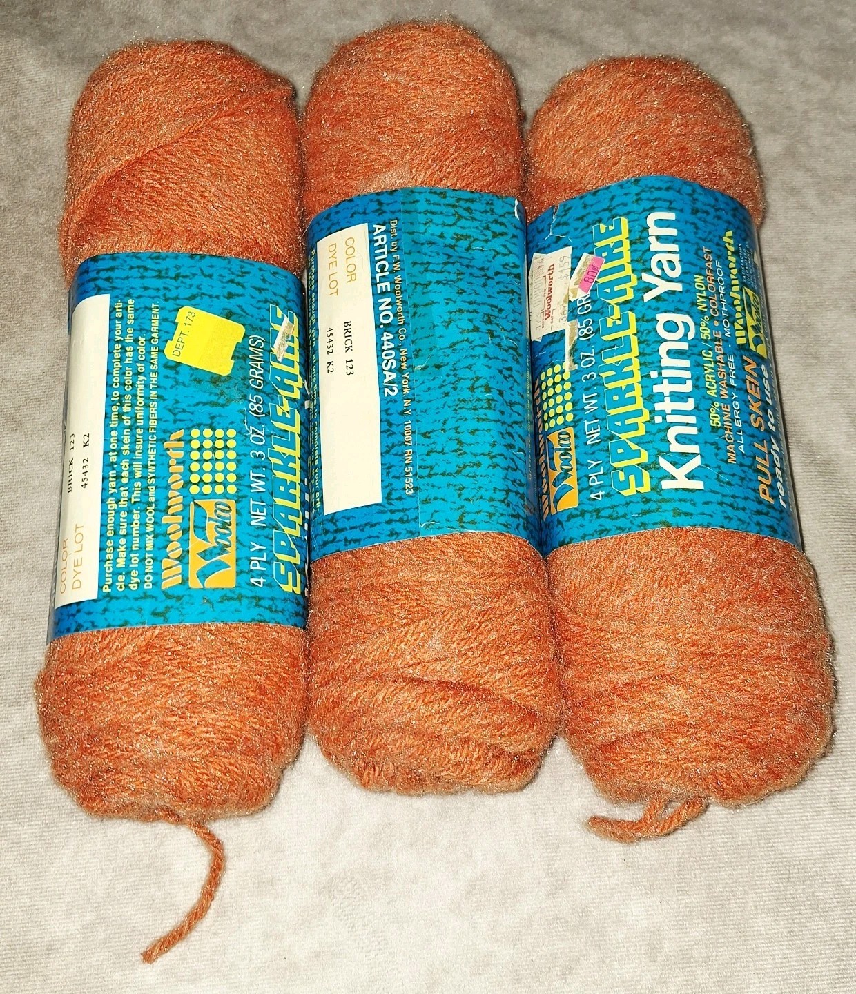 3 Skeins Vtg Woolworth Woolco Sparkle – Aire 4-Ply Acrylic Nylon Brick 123
