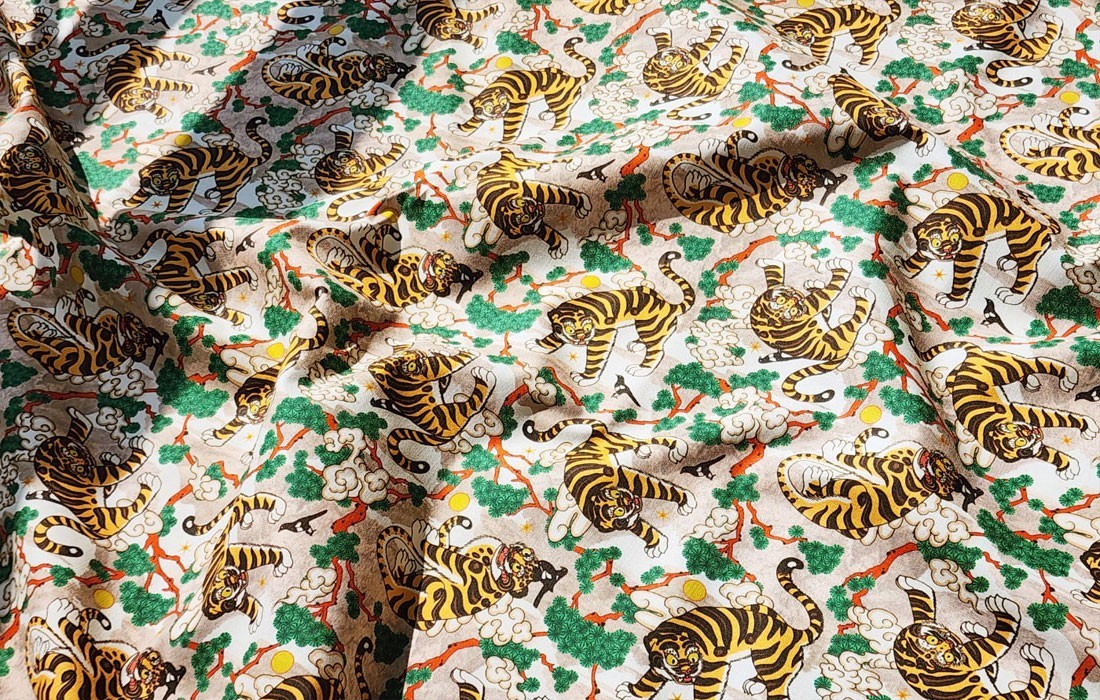 Korean Traditional Magpie & Tiger Beige Patterned Fabric made in Korea BTHY