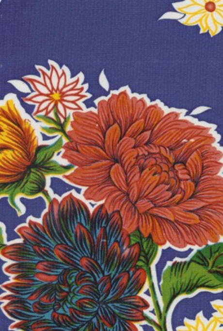 Oilcloth Fabric Classic Mums Blue Pattern Sold in Yard or Bolt