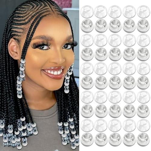 50PCS Silver Hair Beads Loc Dreadlock Jewelry Clear Large Beads Silver&Clear
