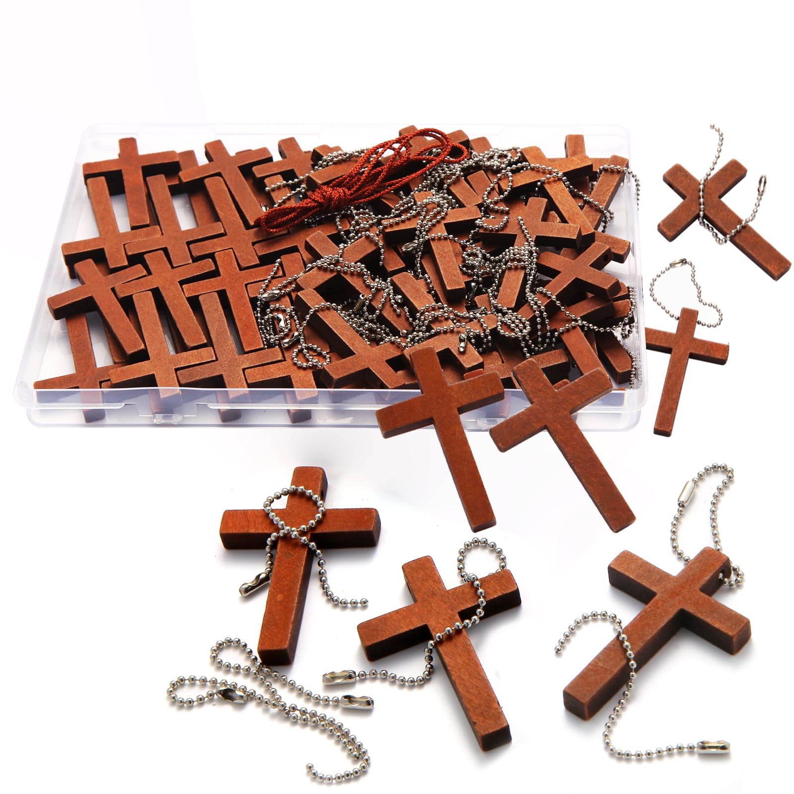 1 Box 70 Pack Wooden Pocket Cross Charms and 70 Chains, Pure Natural Wooden Cros
